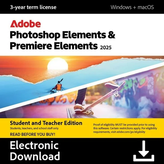 Photoshop & Premiere Elements 2025 Student & Teacher, 3Yr license.